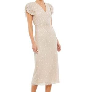 Mac Duggal 10810 Ruffle Sleeve Beaded Floral Design Dress Oyster Midi Dress NWT